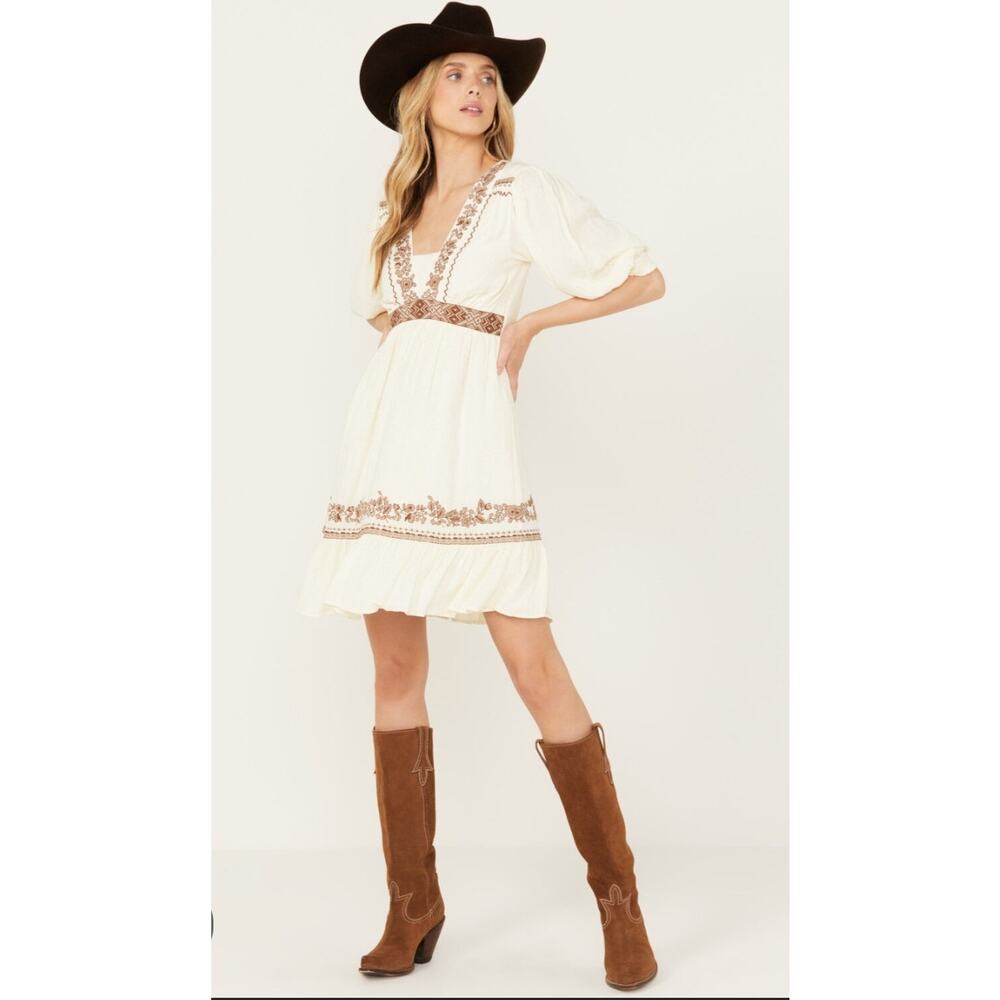 Shyanne Cream Midi Dress with Brown Embroidered Trim